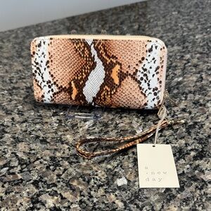 A New Day Brown and White Snake Print  Double zip around Wallet NWT